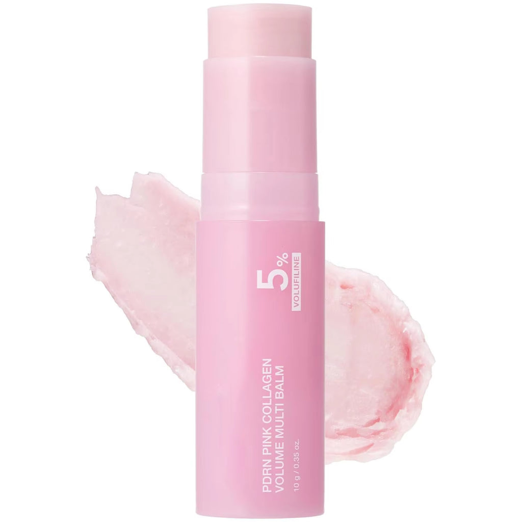 The Volume Balm twist-up stick beside a swatch of the pink balm
