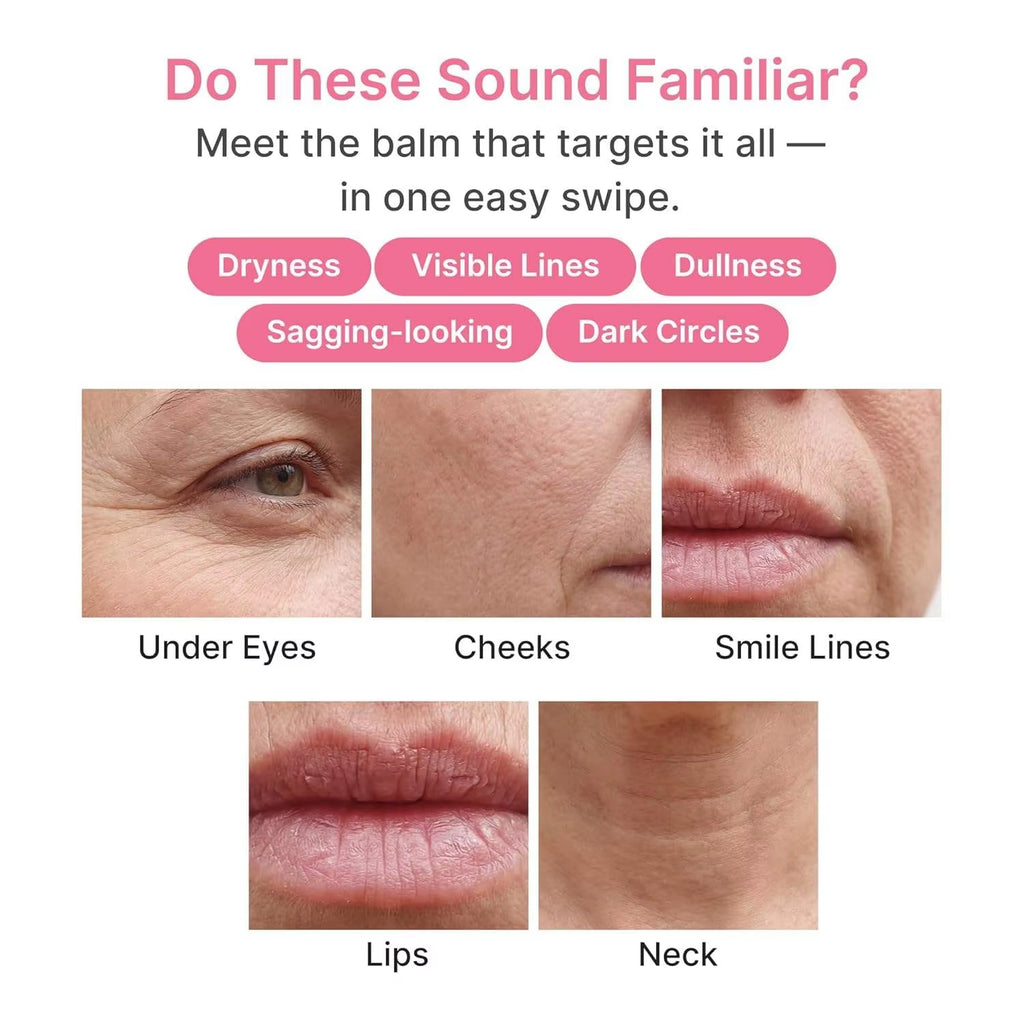 The six areas the balm is made for: under-eyes, cheeks, smile lines, lips and neck