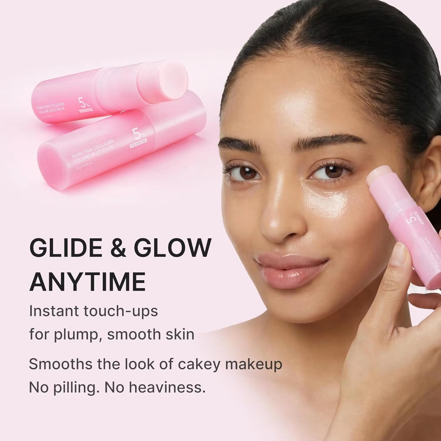 Model pressing the balm stick onto her cheek