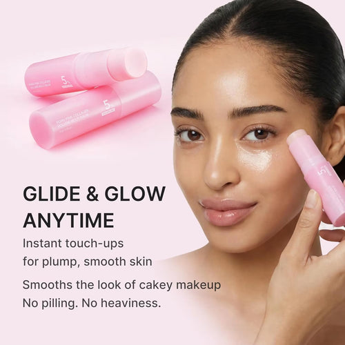 Model pressing the balm stick onto her cheek